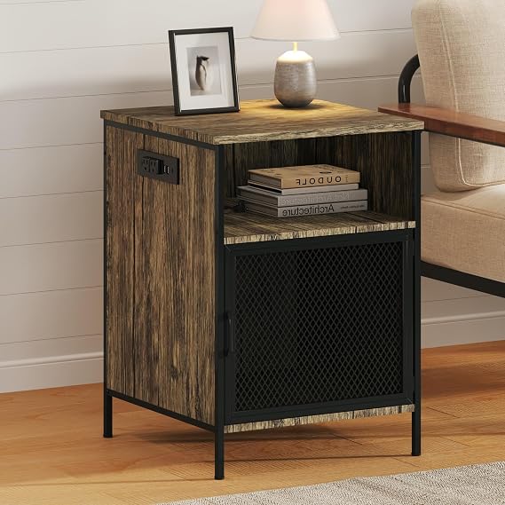 End Table with USB Charging Hub & Storage Pocket, Modern Metal Side Table Adjustable Feet for Bedside, Living Room