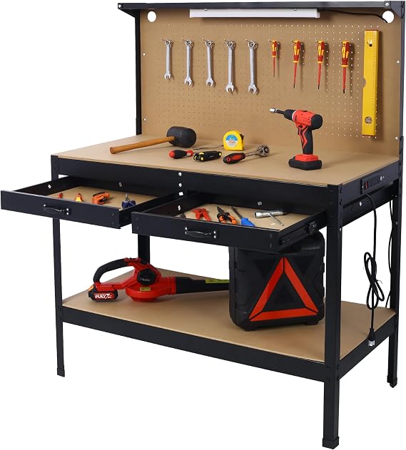 Workbench with Power Outlets and LED Light - Steel Workbench with 4xAC Outlets 2xUSB Ports, Garage Work Bench with Drawer and Peg Board, Workshop Tools Table, Mens Gifts, 59" H x 48" L x 24" D