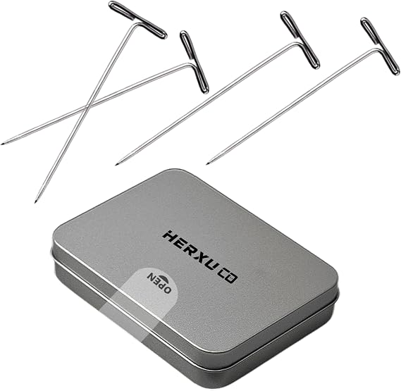 Stainless Steel Wig T-Pins for Knit & Lace Wet Blocking, Modelling and Crafts, 1-3/4 Inch 100 Pieces with Tin Box, T-Pins for Office Wall