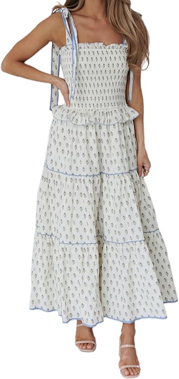 Yoisdtxc Women Boho Tie Shoulder Maxi Dress Y2k Floral Smocked Long Dress Sleeveless Flowy Summer Beach Sundress