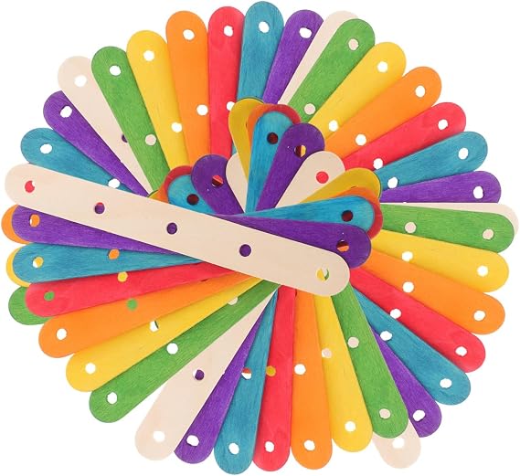 MAGICLULU 100 PCS Large Colored Popsicle Sticks with Holes - 6 Inch Jumbo Wooden Craft Sticks for Building Projects, Rainbow Wood Ice Cream Strips for Classroom Art Education (50 Colored, 50 Natural)