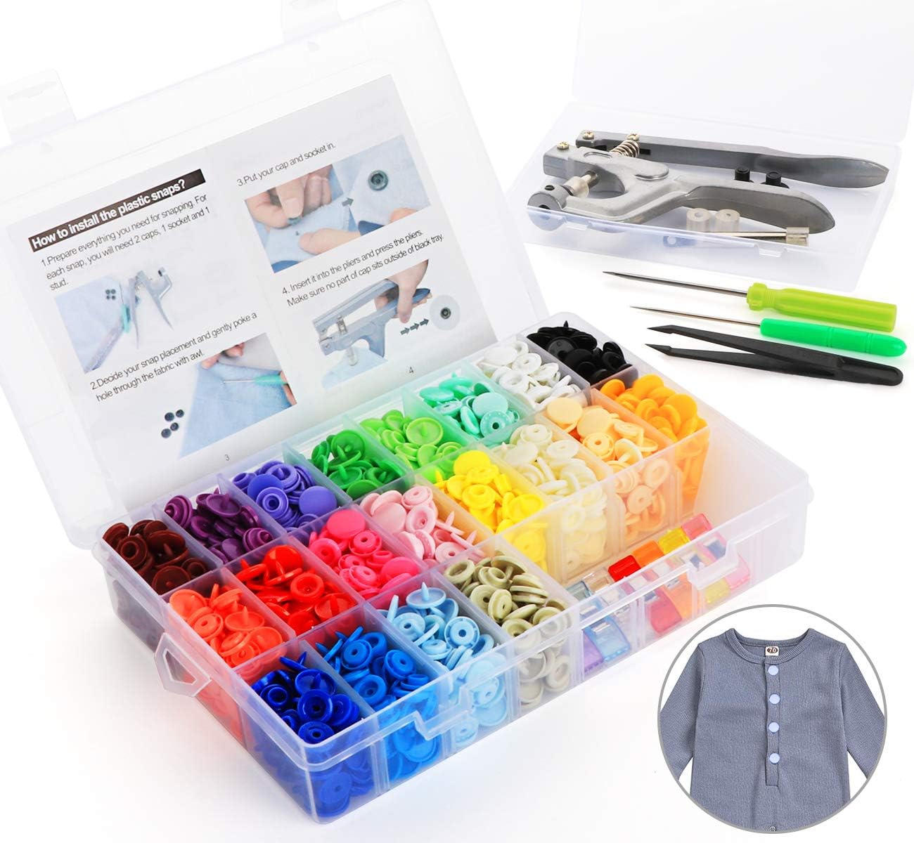 ilauke Snap Pliers  400 Sets T5 Plastic Snap Buttons Fasteners 20 Colors Poppers Press DIY Studs Tools with 2 Clear Storage Boxes