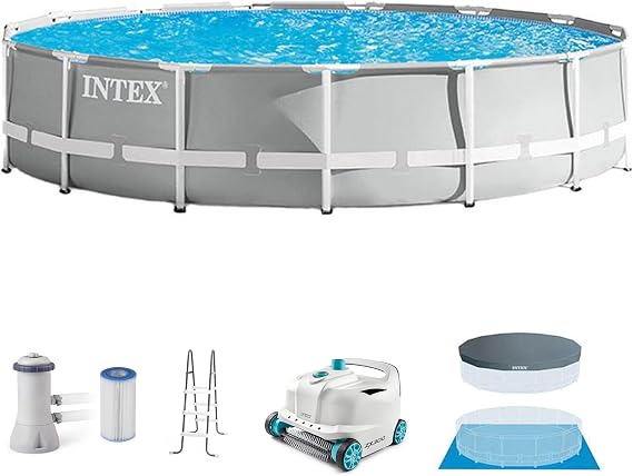 INTEX Prism Frame 15ft x 42in Round Above Ground Swimming Pool Set Bundle