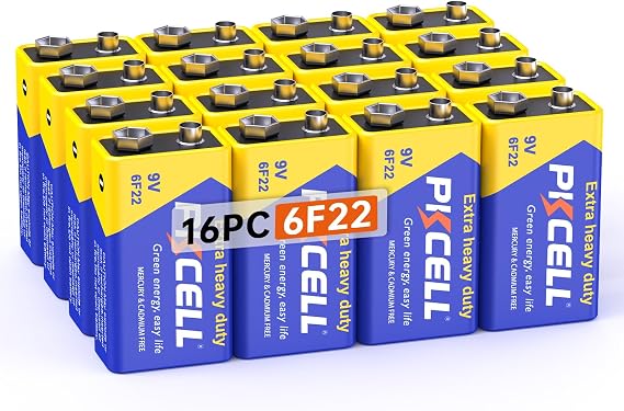 PKCELL 9V Batteries, 9 Volt Batteries Carbon Zinc, 9V Battery for Smoke Detector, Alarms, 6F22 Square Battery (16PCS)