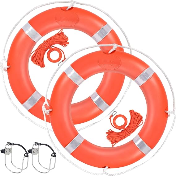 Life Preserver Ring 23"/28", 2 Pack Boat Safety Throw Rings with Bracket, Orange Buoy with Rope 98.5 FT and Reflective Tape for Boat