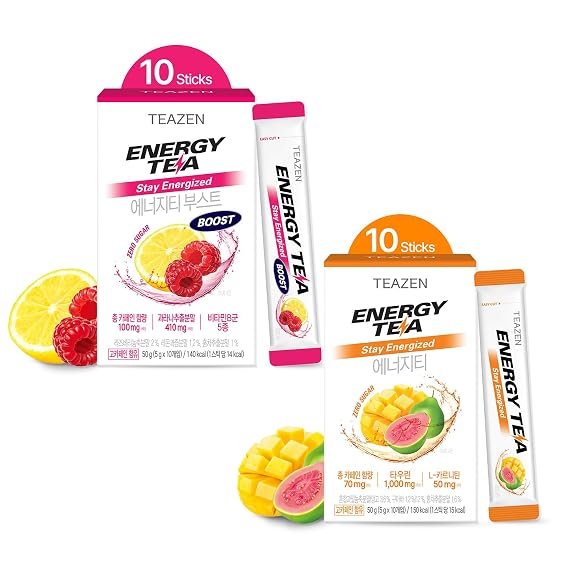 TEAZEN Clean Energy Drink Powder(Tea & Boost) Variety Pack, 20 Sticks, 2 Flavors, Preworkout Boost & Electrolytes