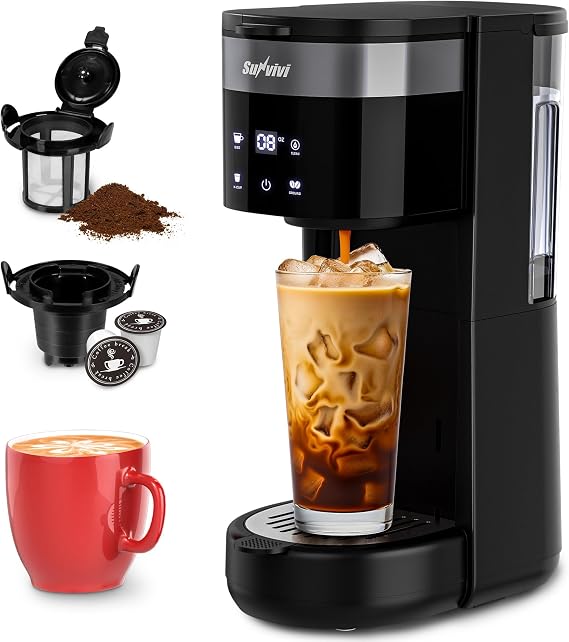 SUNVIVI Single Serve Coffee Maker for K Pod and Grounds - 30oz Brew Sizes