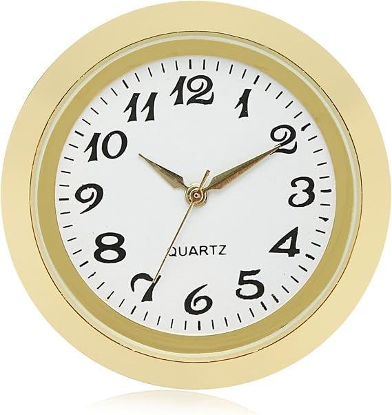 ShoppeWatch Mini Clock Insert 1 7/16" (35mm) Quartz Movement | Miniature Clock Face Insert | Small Round Fit Up White Dial Gold Tone Bezel Arabic Numerals CK094GD