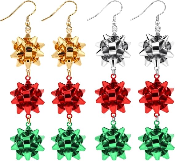 2Pairs Christmas Bow Earrings Xmas Dangle Studs for Women | Red And Green Sliver Enamel Bow Design,Christmas Gift Bow Earrings Holiday Costume Parties