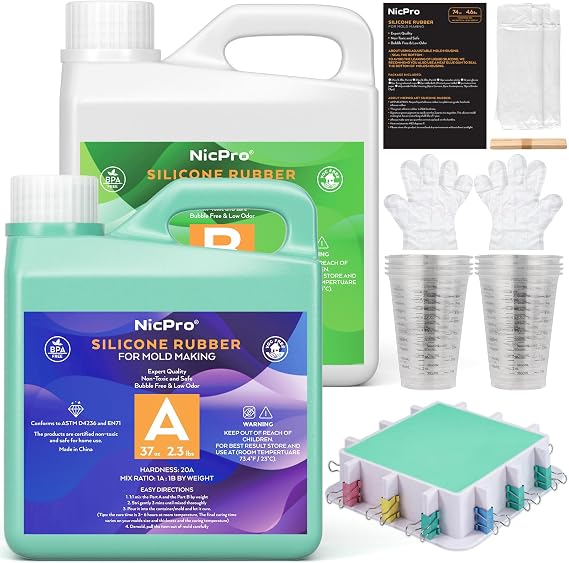 Nicpro 74oz Silicone Mold Making Kit, 20A Platinum Liquid Silicone Rubber, Jade Green Flexible, Molds Maker Mix Ratio 1:1 for Casting 3D Resins Molds DIY with Molds Housing, Mixing Cups