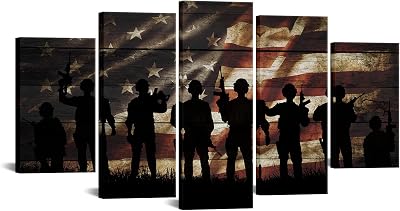 VVOVV Wall Decor American Flag Military Soldiers Army Canvas Wall Art USA Flag Patriotic Theme Wood Textured Background Painting Artwork Giclee Canvas for Living Room Bedroom Home Wall Decor
