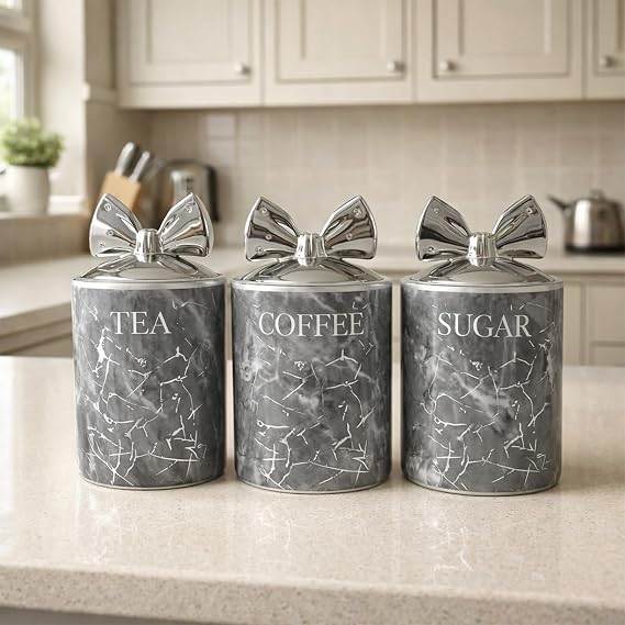 BML Marble Tea Coffee Sugar Canister Set With Silver Bow Lids Ceramic Kitchen Storage Jars Suitable For Countertop Use Modern Home Decor Containers For Everyday use (Gray)