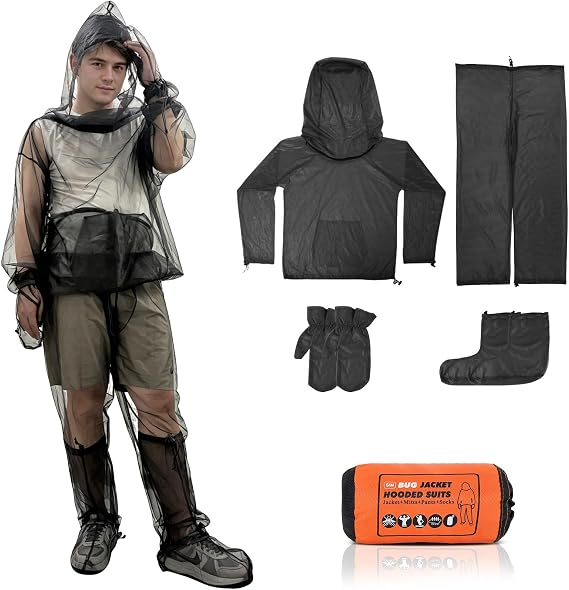 4-Piece Mosquito Suit L/XL for Men & Women, Full Body Bug Jacket with Zippered Hood, Pants, Gloves & Foot Covers, Ultra-Fine No-See-Um Mesh, Breathable Insect Protection for Camping Fishing Gardening