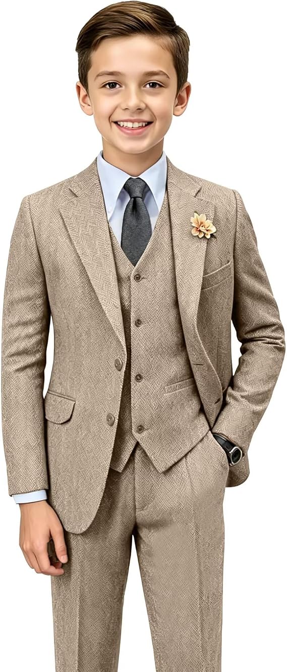 Boys 3 Piece Herringbone Tweed Suit Set for Kids | boys herringbone 3 piece suit set,blazer+vest+pants,vintage formal wear for boys wedding,church,birthday and ceremony events