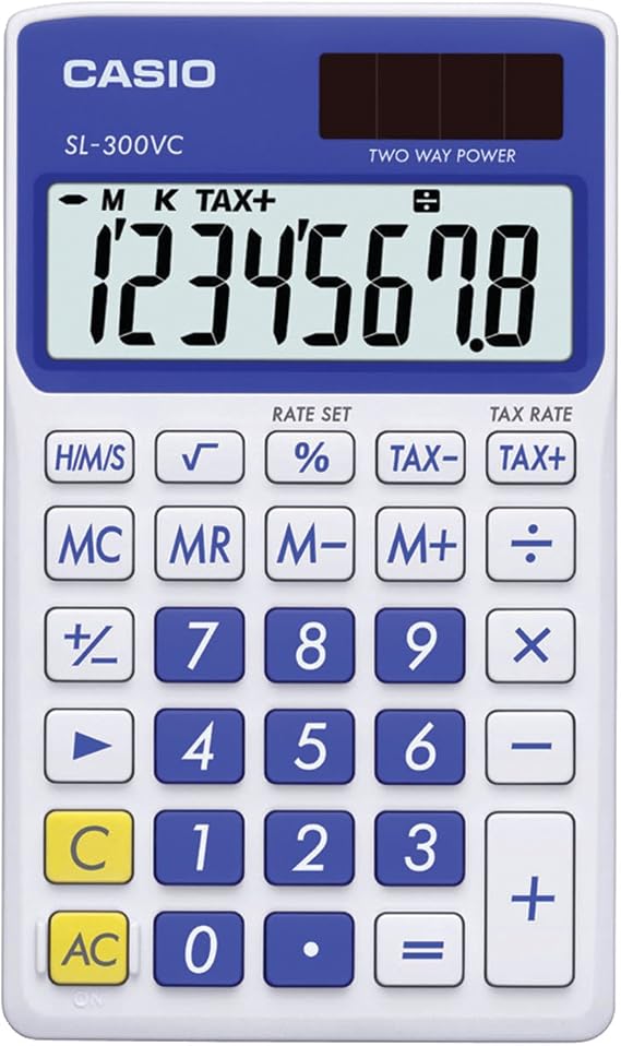 Casio SL-300VC Solar Powered Standard Function Calculator, Blue | Compact solar pocket calculator for everyday basic math at home, school or office