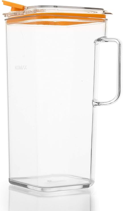 Komax Tritan Plastic Water Pitcher with Lid BPA-Free, Square Water & Iced Tea Pitcher w/Orange Lid Microwave & Dishwasher Safe Plastic Pitcher Tea, Juice Containers with Lids for Fridge (1.8 Qt)