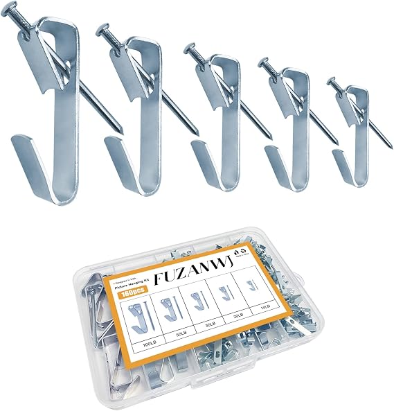 Picture Hangers, Picture Hanging Kit,160pcs, 10-100lbs | Picture Hooks with Nails,Picture Frame Hangers, Wooden Wall / Drywall, For Pictures, Canvas, Mirror, Silver