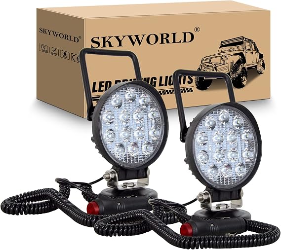 SKYWORLD Magnetic Mount LED Work Light, 2PCS 4 Inch 27W Round Spot Off Road Driving Fog Lamp 12V 24V with Portable Magnetic Base Holder for Truck Tractor Trailer Car Boat Engineering Vehicle