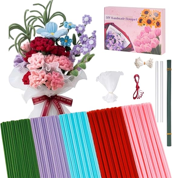 SZXYMUQI 500pcs Pipe Cleaners Craft Kit, 20 Stems DIY Carnation with Wave Gauze & Ribbon - Non Shedding Chenille Stems for Floral Arrangement - Mother's Day Bouquet Crafts for Adult Women