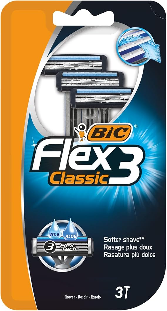 BIC Flex 3 Erkek Tıraş Bıçağı 3'lü Blister (3 Bıçak), Birbirinden Bağımsız Hareket Edebilen 3 Bıçak, Oynar Başlık, Aloe Vera ile Zenginleştirilmiş Kayganlaştırıcı Jel Şerit