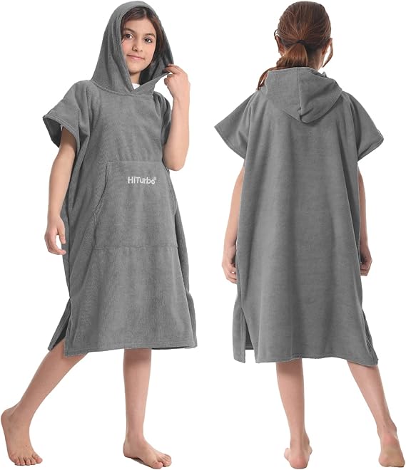 Hiturbo Kids Changing Towel Poncho: Quick Dry Absorbent Bath Towels Hoodie - Microfiber Swim Surf Poncho for Beach Pool Swimming Surfing - Gray