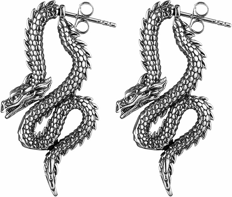 HZMAN Retro Dragon Earrings for Men Women Stainless Steel Gothic Punk Piercing Splicing Dragon Head Stud Earring Party Jewelry Gift