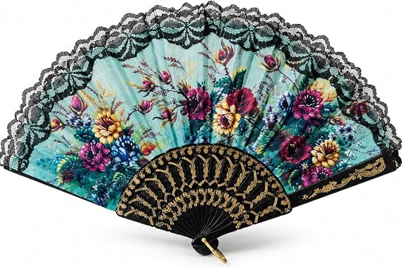 Desenli Dantelli Plastik Yelpaze 24 cm, Katlanabilir Hafif El Yelpazesi, Karışık Renk ve Desen, 1 Adet