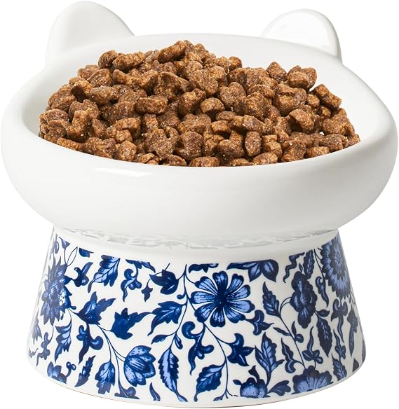 Raised Ceramic Cat Bowl with Stand, Tilted Pet Dish, Blue White