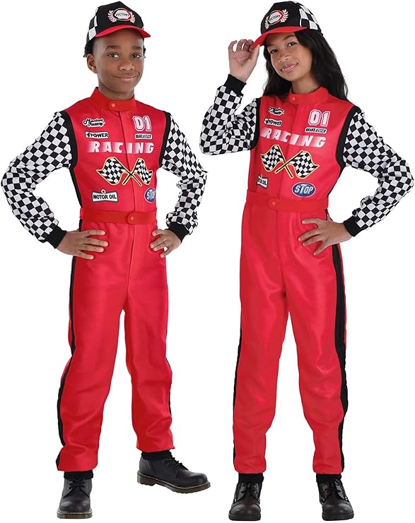 Kids Race Car Driver Costume | Jumpsuit and Hat for Boys and Girls Halloween and Racing Theme Dress Up