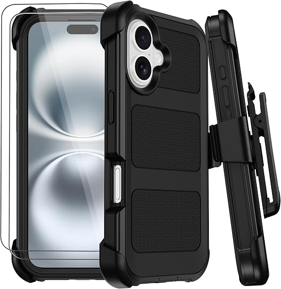 for iPhone 16 Case with Belt Clip Holster,Anti-Drop Shockproof (Black)