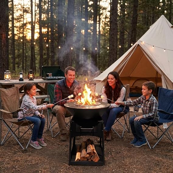 Rocket Stove, 3 n 1 Galvanized Steel Fire Bowl with Baking Tray and BBQ Grill, Portable Garden Firepit with Ash Collection Box for Backpacking, Outdoor Cooking, Camping, Picnic, 60 x 60x 80 cm
