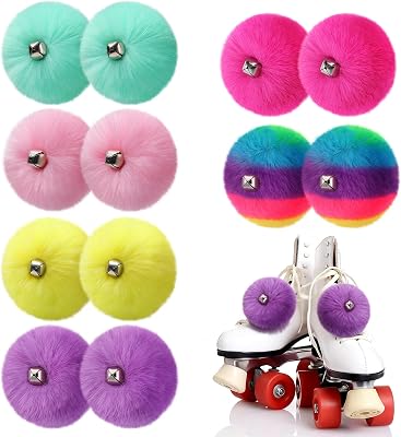 PAMASE Roller Skates Pom Poms for Girls Women - 6Pairs Fluffy Colorful Pompom Puff Balls with Bells Shoelace Quad Skate Ice Skate Accessories Can Tie On Anything, Cute Gifts for Kids