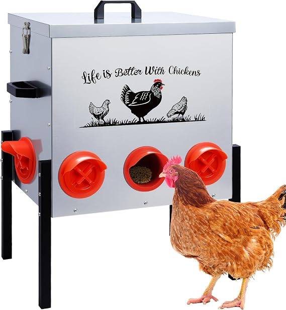 50LB Automatic Chicken Feeder–8 Feeding Ports No-Waste Galvanized Metal Chicken Feeder Box with Adjustable Legs & Locking Lid Poultry Feeder for Chickens,Geese,Ducks,Rust-Resistant