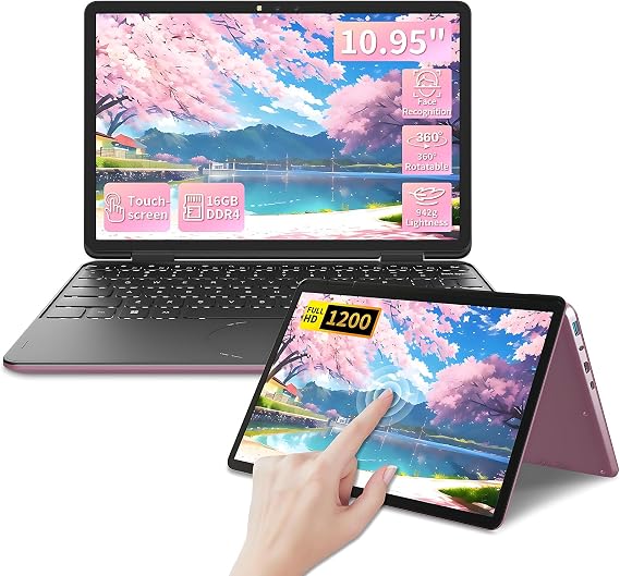 11 Inch 2-in-1 Touchscreen Laptop,Win 11 Pro N100 Laptops,16GB DDR4 RAM, FHD 1920×1200 IPS Display, 360° Flip,Backlit Keyboard,USB-C,Oval Trackpad,computer (Rose Gold, 16G+512GB SSD)