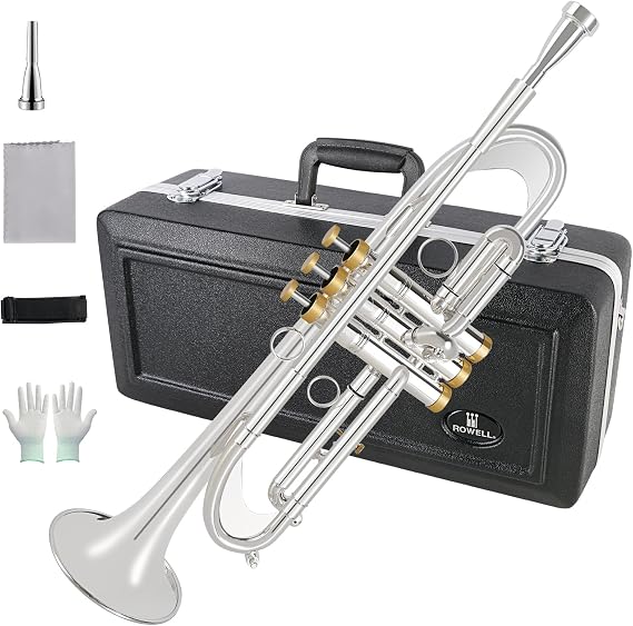 ROWELL Bb Trumpet Professional Trumpet Brass Instruments Standard Trumpets Set with Professional Trumpets Box,Original 7C trumpet Mouthpiece, Cloth and Gloves (Silver)