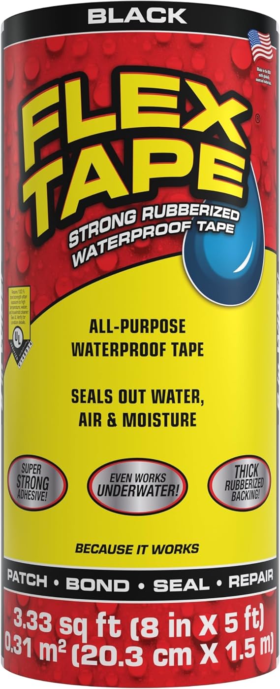 Flex Tape, Original Thick Flexible Rubberized Waterproof Tape - Seal and Patch Leaks, Works Underwater, Indoor Outdoor - Home RV Roof Plumbing and Pool Repairs, Black, 8 in x 5 ft, Pack of 1