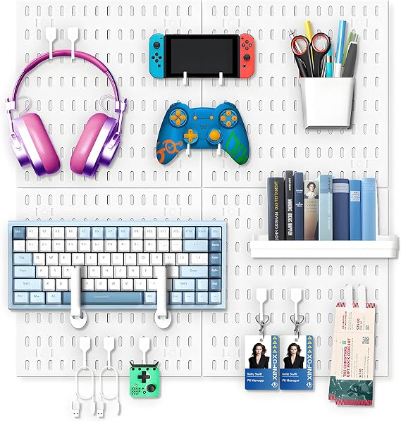 White Pegboard Kit Wall Organizer Panels with Bins Hooks Shelves