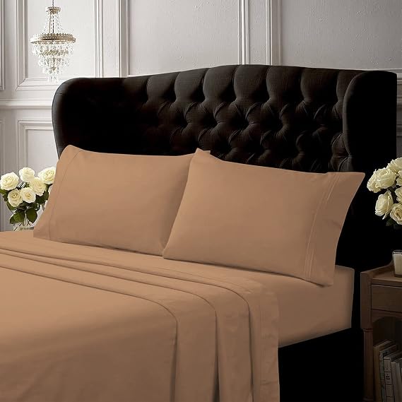 Tribeca Living Egyptian Cotton Percale 300 Thread Count Deep Pocket Sheet Set, Queen, Coffee