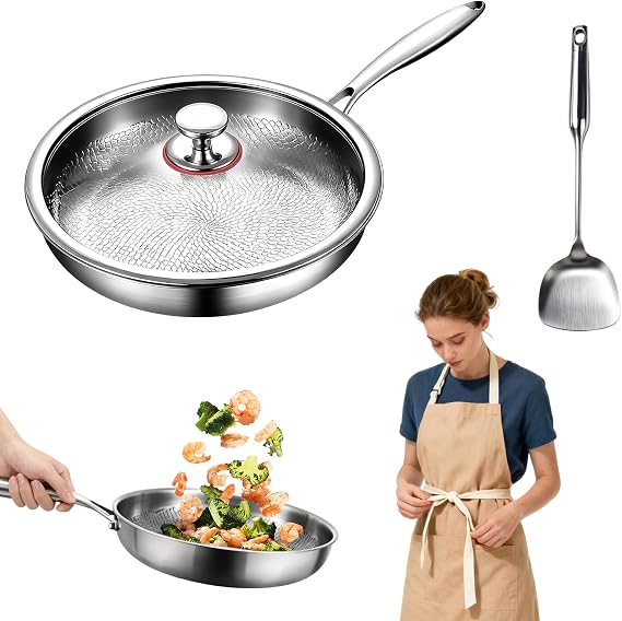 Titanium Pan Uncoated, 24 cm Titanium Pan with Lid and Spatula, Titanium Hammered Stainless Steel Pan, 5 Layers, Thickened Pure, Scratch-Resistant Non-Stick, Compatible with All Hobs (S)