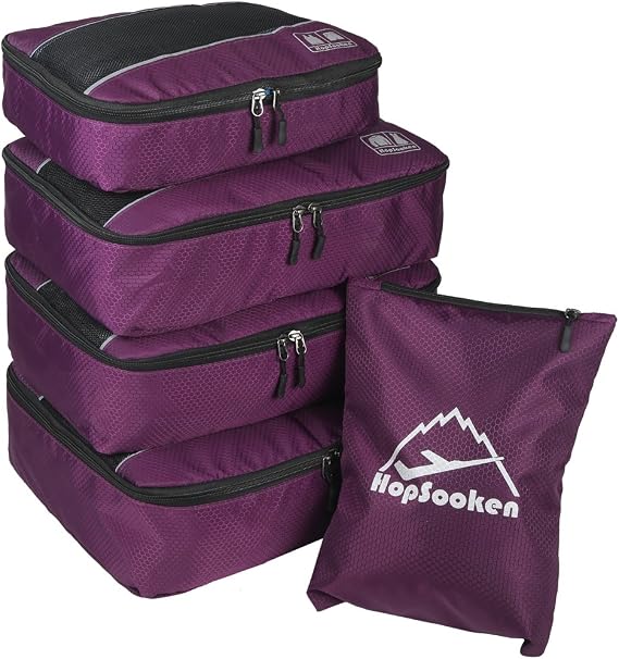 5pc Packing Cubes Set Large Travel Luggage Organizer 4 Cubes 1 Laundry Pouch Bag, Purple, L