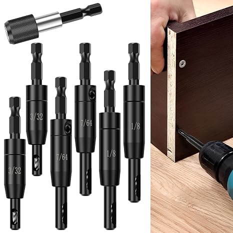 Self Centering Drill Bit, 6Pcs Self Centering Hinge Drill, Bit Set with Bit Holder 1/4 Inch Hex Shank 1/8 Inch 7/64 Inch 3/32 Inch, Quick Change Set for Woodworking Window Door Hinge