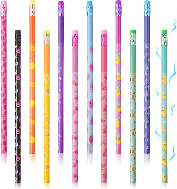 Vicloon Scented Pencils, 12pcs Cylinder Wood Pencils, Fruity Pencil Graphite Pencil HB Pencil with Fruit Elements for School Stationery Party Reward Supplies(Red)