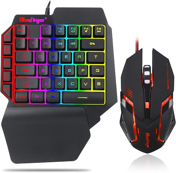 One Hand RGB Gaming Keyboard and Backlit Mouse Combo, USB Wired Rainbow Letters Glow Single Hand Mechanical Feeling With Wrist Rest Support, Gaming Set for Game