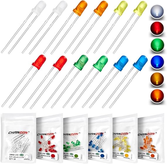 CHANZON 60 pcs(6 Colors x 10 pcs) 3mm LED Diode Lights Assored Kit Pack (Diffused Round DC 3V 20mA) Lighting Bulb Lamps Electronics Components 3 mm Light Emitting Diodes Parts
