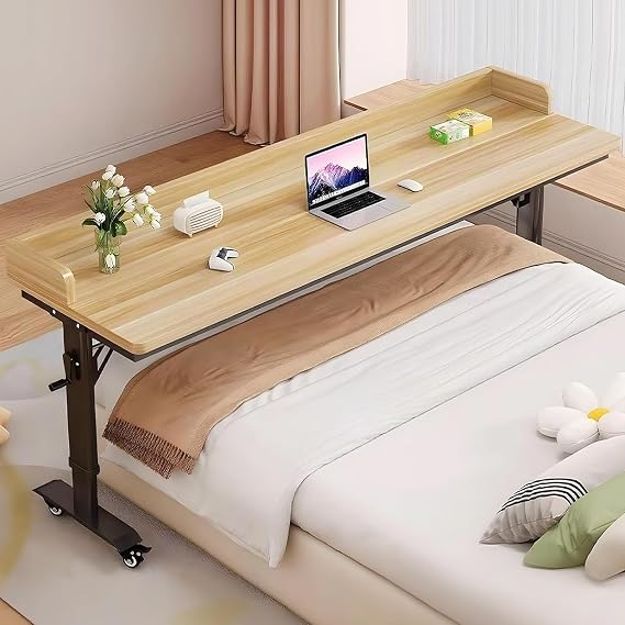 Over Bed Table with Wheels, Overbed Tables with Adjustable Height Hand Crank, Rolling Desk with Baffle Mobile Laptop Table for Computer, Bedroom Work, King Size Beds(Wood+Black,59x15.7'')
