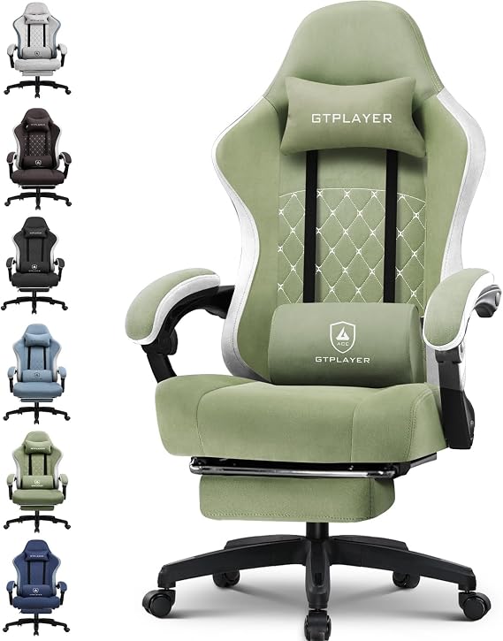 GTPLAYER Gaming Chair Ergonomic Gaming Chair Desk Chair with Fabric Surface Spring Seat Cushion Connecting Armrests and Footrest 150 kg Green