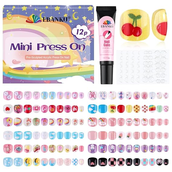 EBANKU 12 Pack Kid Fake Nail, 288 Pieces Kids Short Glossy Press on Nails Cute Patterns Mini Full Cover Fake Nails for Girls with Nail Glue and Nail Tab