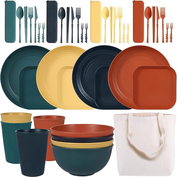 Unbreakable Dinner Set for 4, Camping Plates & Bowls, Cups & Cutlery, Lightweight Microwave & Dishwasher Safe, Outdoor Picnic, RV Essentials (Colourful)