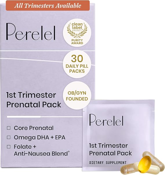 Perelel 1st Trimester Prenatal Vitamins for Women, Folate, Omega 3, Iron | Nutritional Support for Early Pregnancy, Vitamin D, Iron, Ginger, Soy & Gluten Free, Non-GMO, 30 Daily Pill Packs