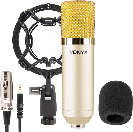 VONYX CM400C Condenser Microphone, Studio Recording Set for Vocals & Instruments, Large Diaphragm with Shockmount, Pop Filter, Champagne Gold